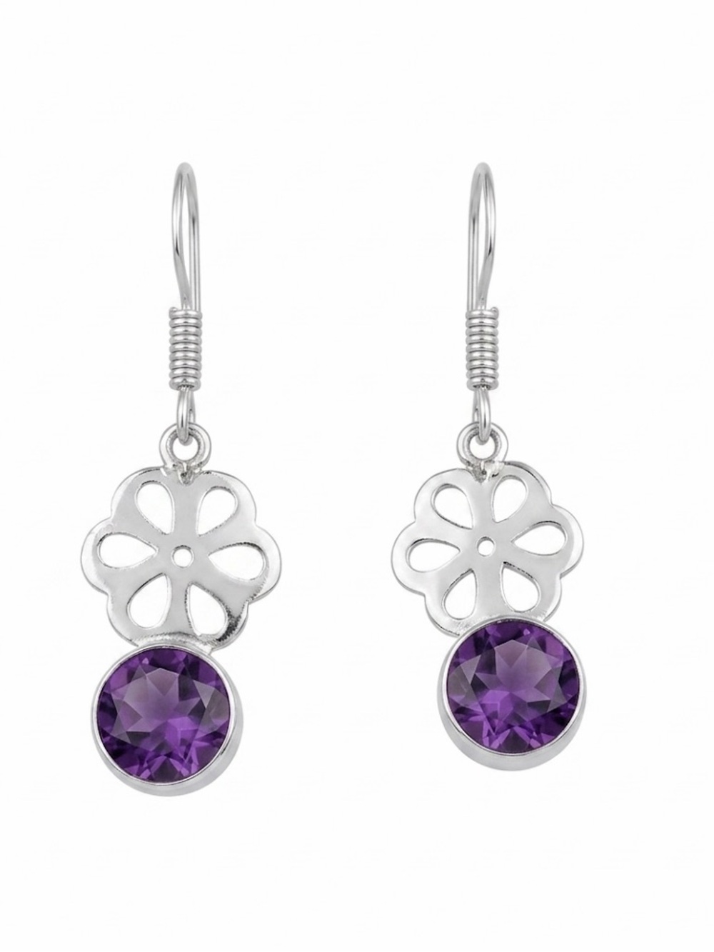 New Artisan 925 Sterling Silver Natural Amethyst Gem Daisy Handmade Earrings